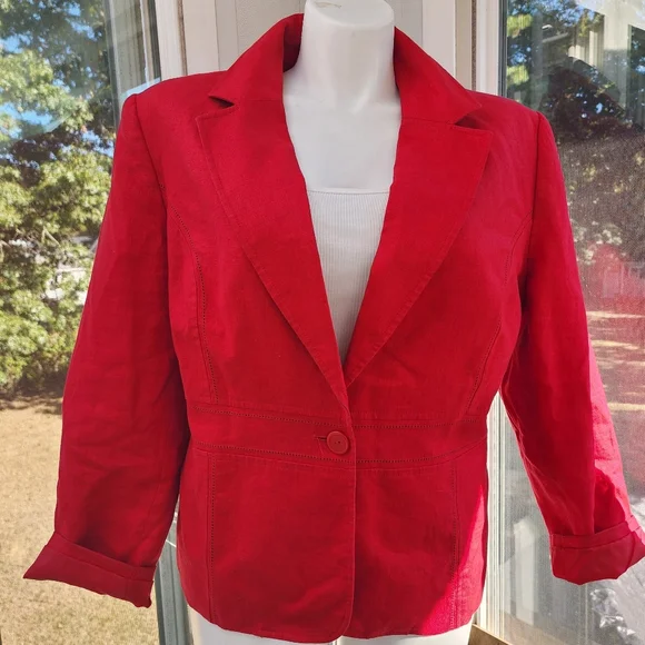 Style & Co. Women Red Linen Perforated Single Button Structured Blazer - Picture 2 of 15